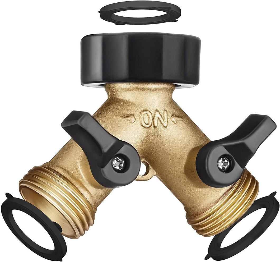 Brass Garden Hose Splitter 2 Way, Garden Y Hose Connector Metal Body, Water Hose Splitter with Comfortable Grip, Hose Splitter 2 Way Heavy Duty for Outdoor and Indoor Use, Plus 3 Extra Washers