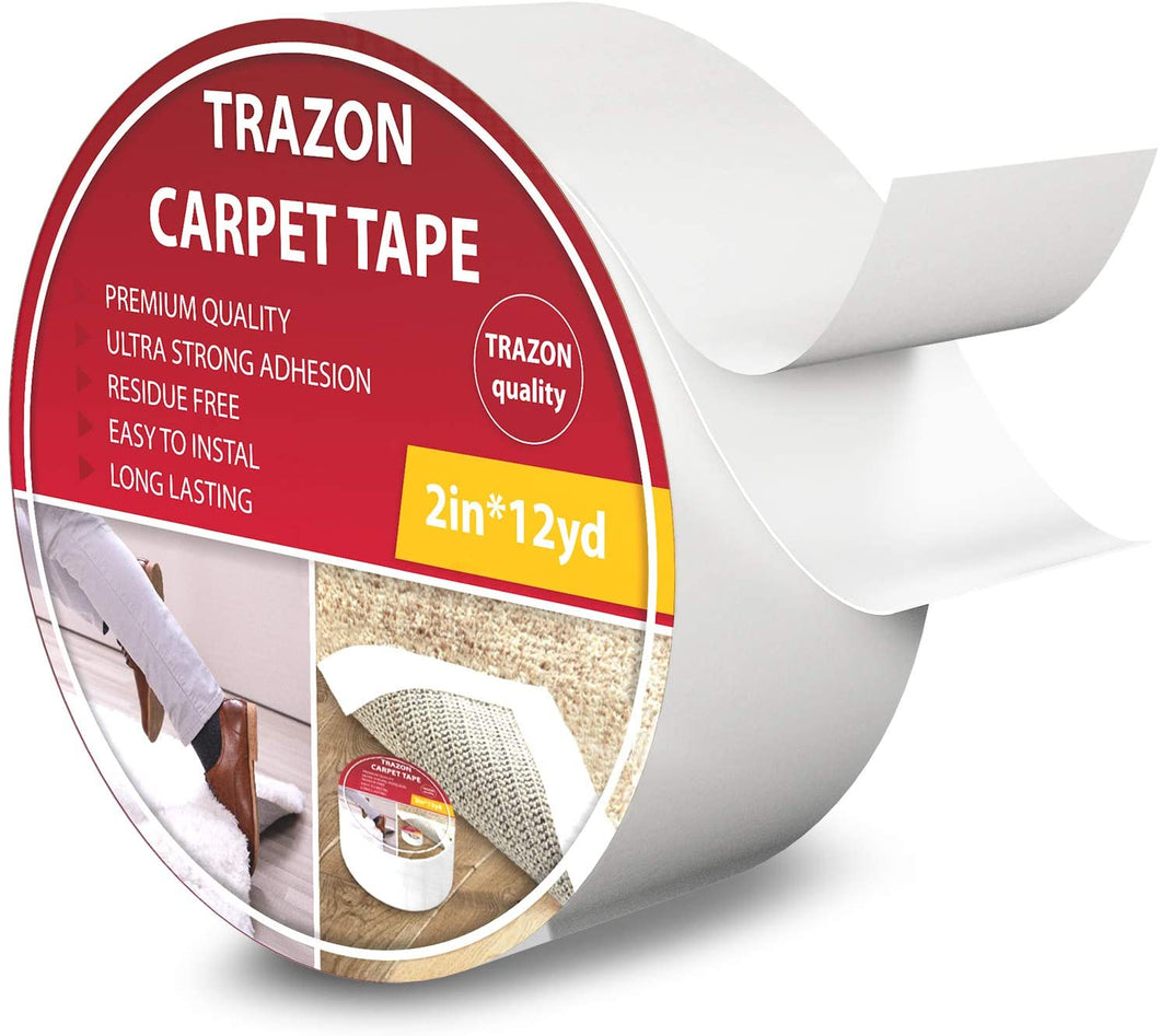 Carpet Tape Double Sided - Rug Tape Grippers for Hardwood Floors and Area Rugs - Carpet Binding Tape Strong Adhesive and Removable, Heavy Duty Stickers Grip Tape, Residue Free (2 Inch / 12 Yards)