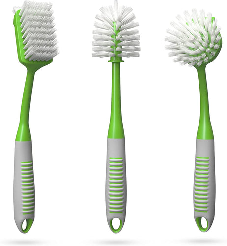 Dish Brush Set of 3 with Bottle Water Brush, Scrub Brush and Scrubber Brush - Kitchen Scrub Brushes Ergonomic Non Slip Long Handle for Cleaning Cleaner Wash Sink Dishes Bottle Cup Glas