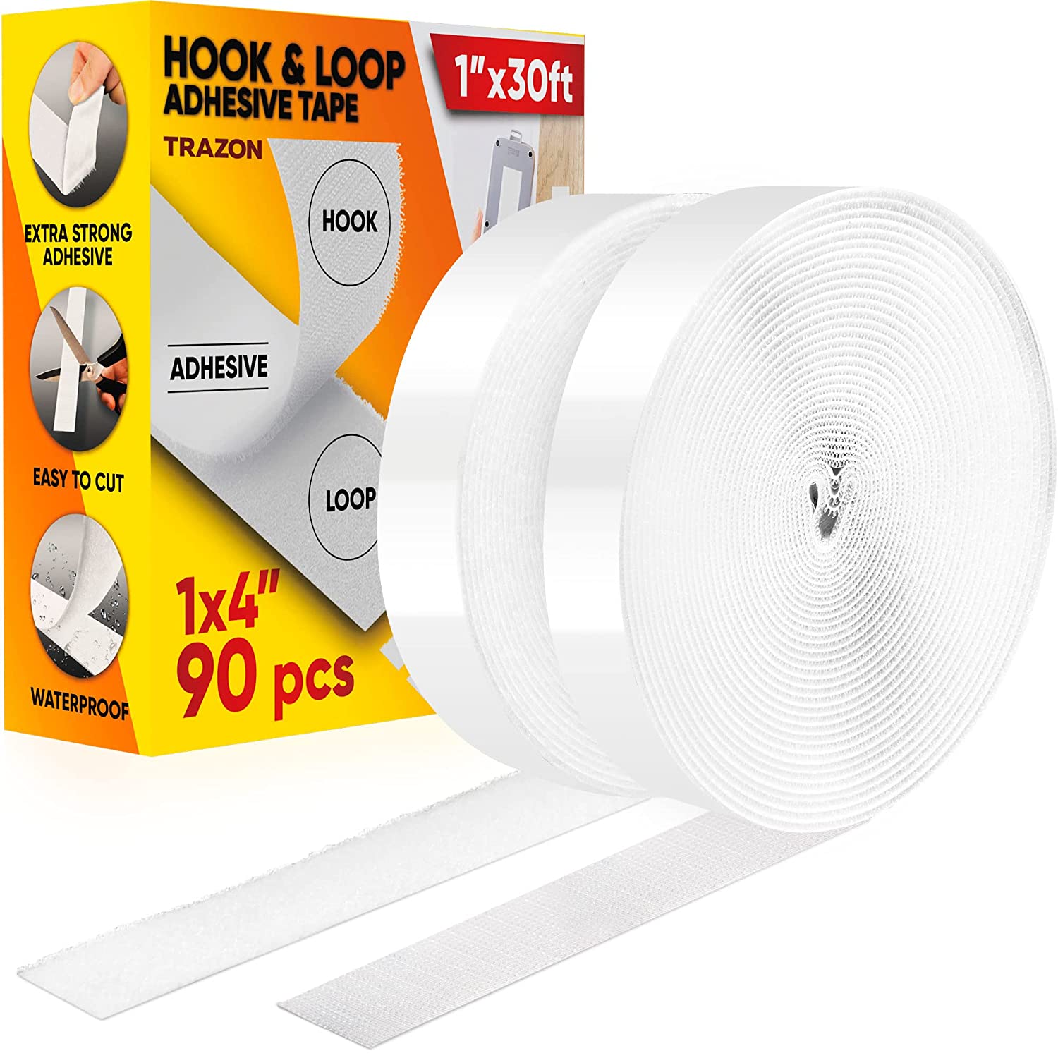 Hook and Loop Tape Roll with Heavy Duty Adhesive Industrial Strength Easy  to Cut, Strong Hook and Loop Strips with Sticky Back, White, 1 Inch * 30