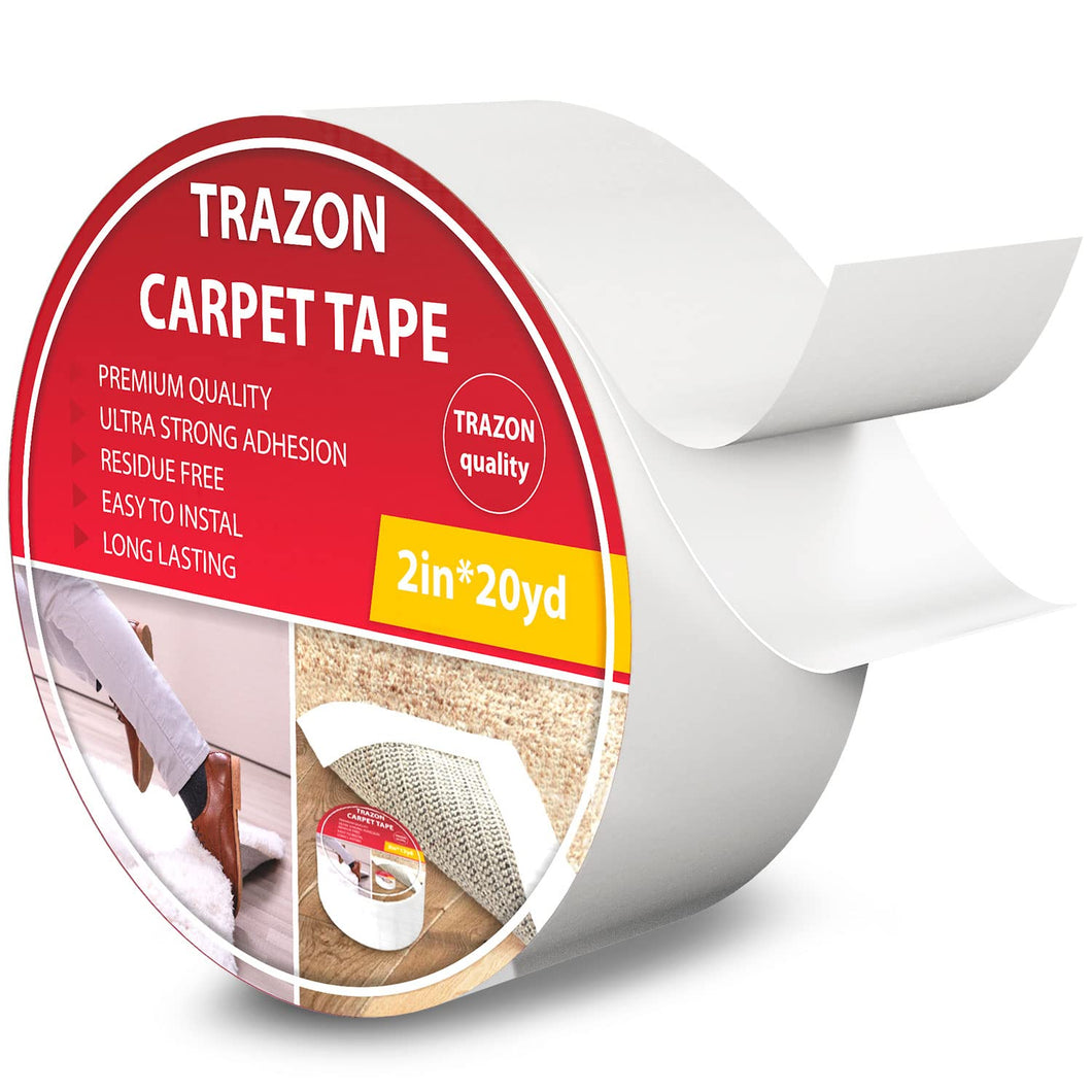 Trazon Carpet Tape Double Sided - Rug Tape Grippers for Hardwood Floors and Area Rugs - Carpet Binding Tape Strong Adhesive and Removable, Heavy Duty Stickers Tape, Residue Free (2 Inch / 20 Yards)