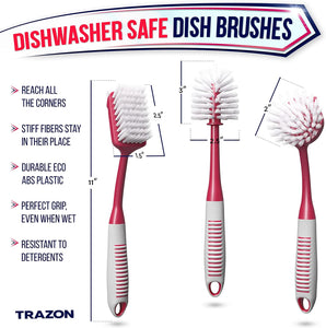 Dish Brush Set of 3 with Bottle Water Brush, Dish Scrub Brush and Scrubber Brush - Kitchen Scrub Brushes Ergonomic Non Slip Long Handle for Cleaning Cleaner Wash Sink Dishes Bottle Cup Glass Pot (Red)