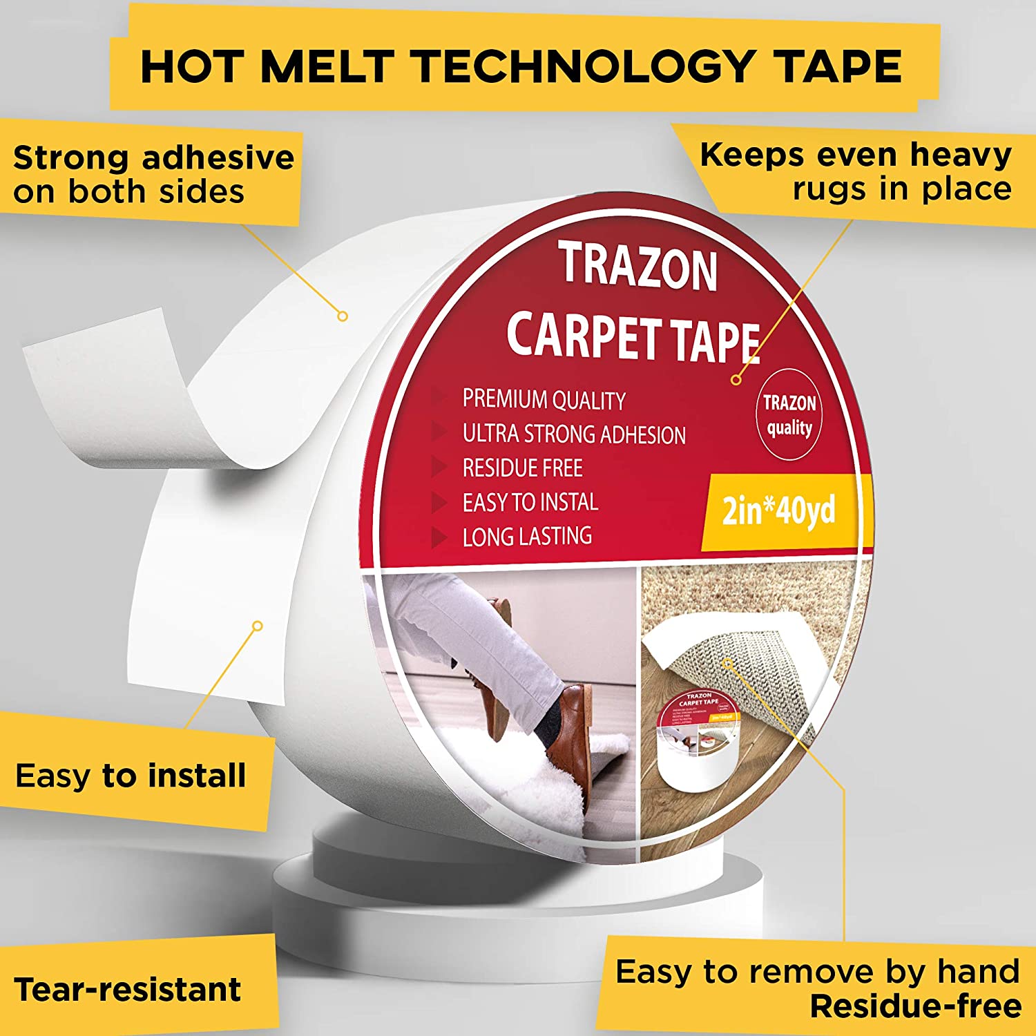 Carpet Tape Double Sided - 2 In / 120 Ft (40 Yards) Rug Tape Grippers –  Trazon Store