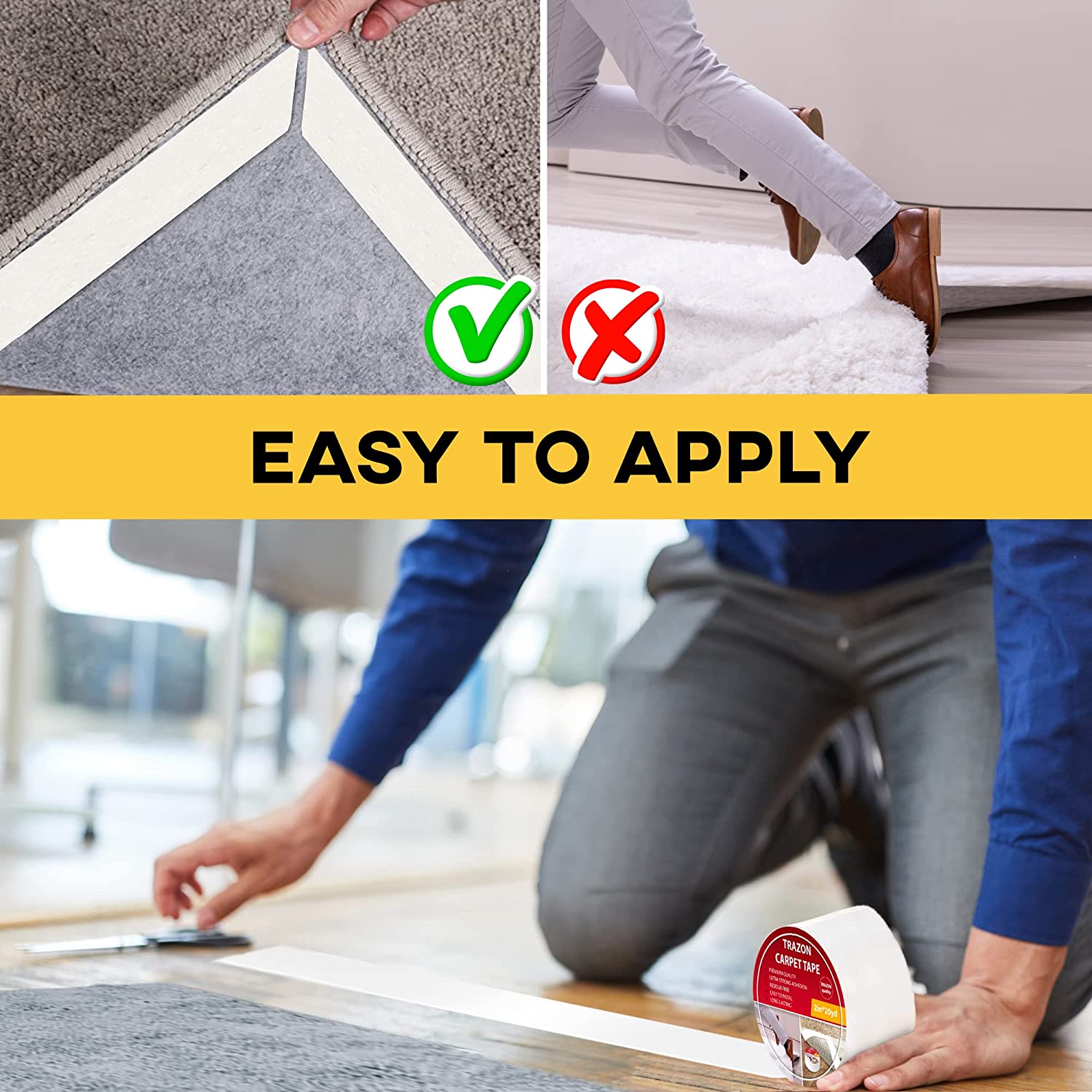 Rug Gripper Tape - Carpet Tape Double Sided - Rug Tape for Hardwood Floor - Non Slip Pads for Area Rugs - Carpet Binding Tape, Heavy Duty Stickers