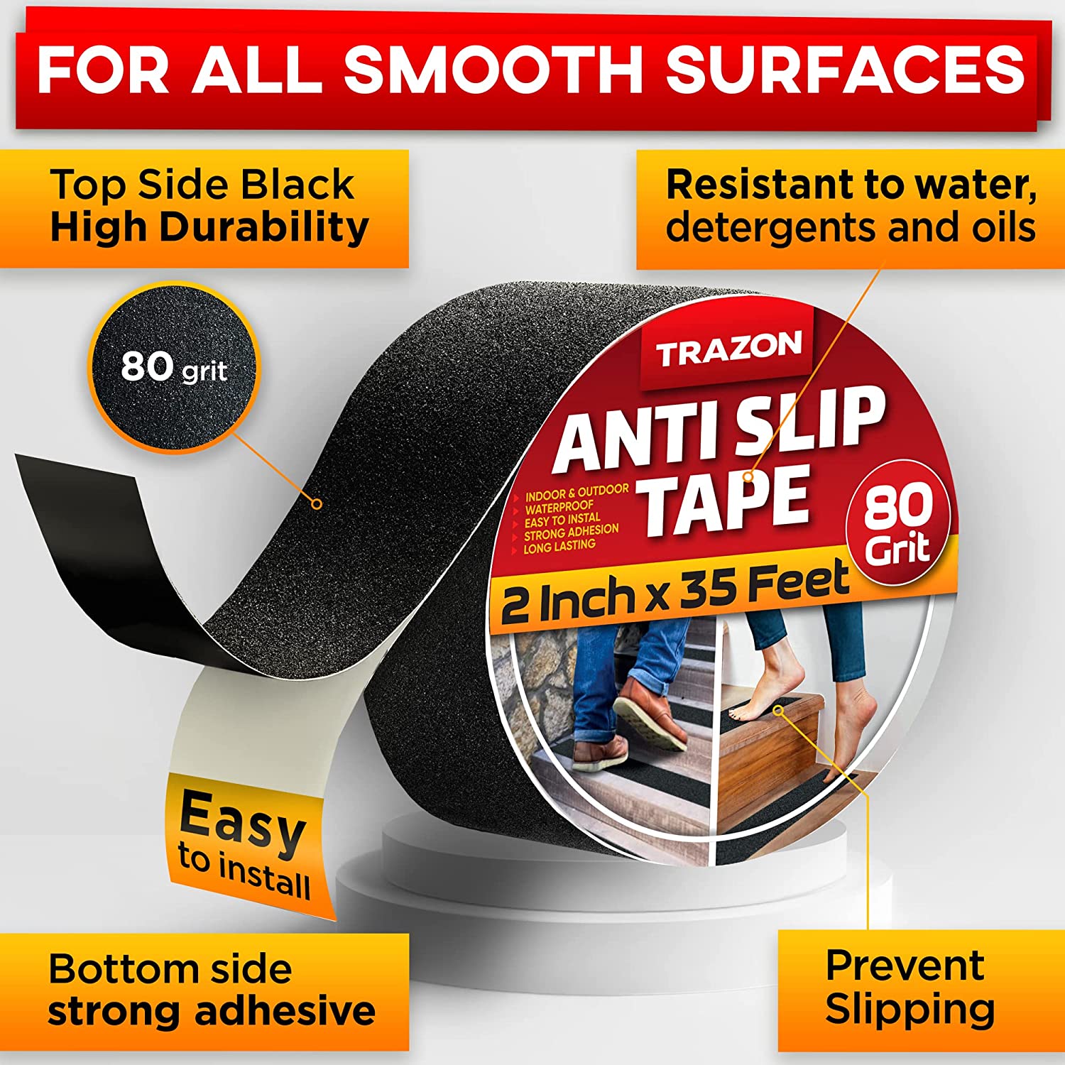 TapePlus - Anti Slip Tape for Stairs (Black 4 x 40 Feet Wide Tread)  Waterproof Grip Tape