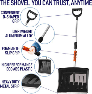 Snow Shovel for Driveway Car Home Garage - Portable Folding Snow Shovel with Retractable Ergonomical Handle and Large Capacity for Snow Removal - Heavy Duty Metal Collapsible Shovel Removal (Black)