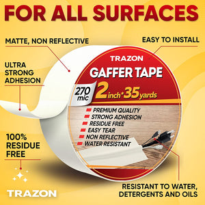 Gaffers Tape, Heavy Duty Gaffer Tape, Matte Non-Reflective Gаff Tape, Multipurpose, Easy to Tear, Residue Free, Gaffe Gaffing Goon Pro Cloth Tape for Cable, Stage, Photography 2 Inch x 35 Yards, White
