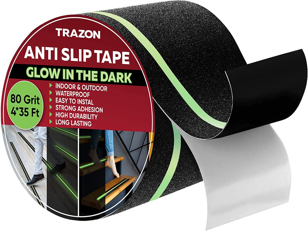 Grip Tape - Heavy Duty Anti Slip Tape for Stairs Outdoor/Indoor Waterproof Safety Non Skid Roll for Stair Steps Traction Tread Staircase Grips (4 Inch x 35 Feet, Black with Glow in The Dark Strips)