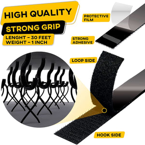 Hook and Loop Tape Roll with Heavy Duty Adhesive Industrial Strength Easy to Cut, Strong Hook and Loop Strips with Sticky Back, Black, 1 Inch * 30 Feet