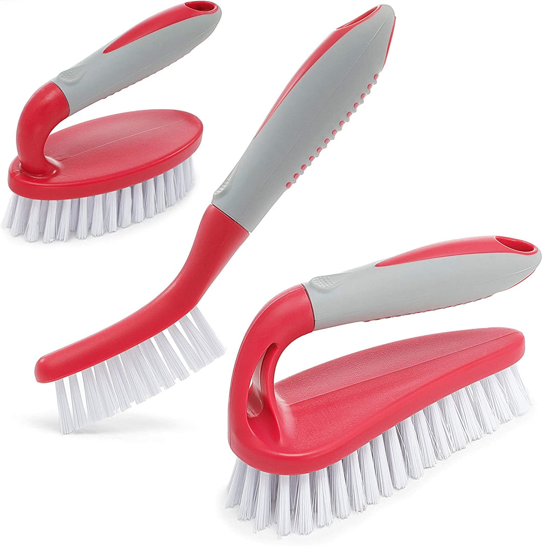 Scrub Brush Set of 3pcs - Cleaning Shower Scrubber with Ergonomic Handle and Durable Bristles - Grout Cleaner Brush - Scrub Brushes for Cleaning Bathroom/Shower/Tile/Kitchen/Floor/Bathtub/Carpet (Red)