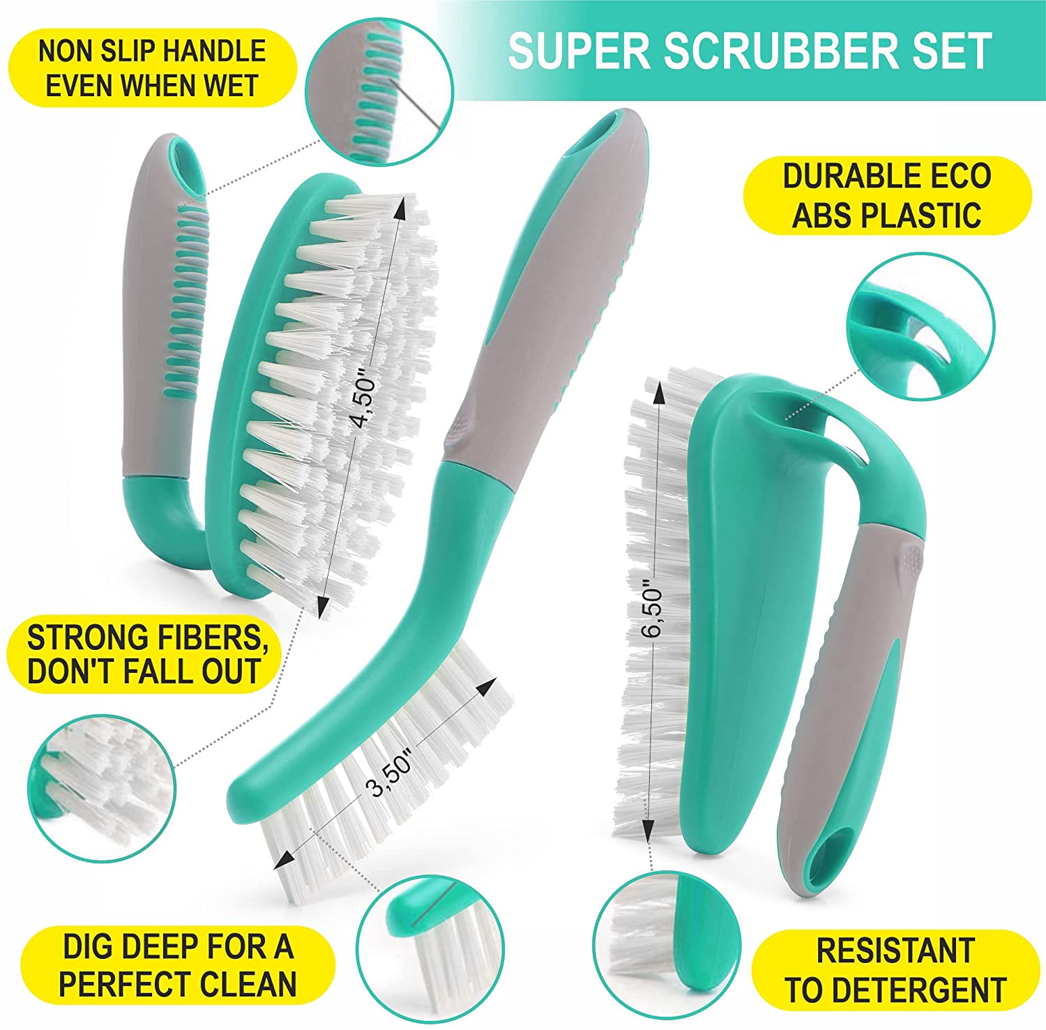 Scrub Brush Set of 3pcs - Cleaning Shower Scrubber with Ergonomic