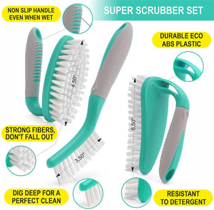 Scrub Brush Set of 3pcs - Cleaning Shower Scrubber with Ergonomic Handle and Durable Bristles - Grout Cleaner Brush - Brushes for Cleaning Bathroom/Shower/Tile/Kitchen/Floor/Bathtub/Carpet (Turquoise)
