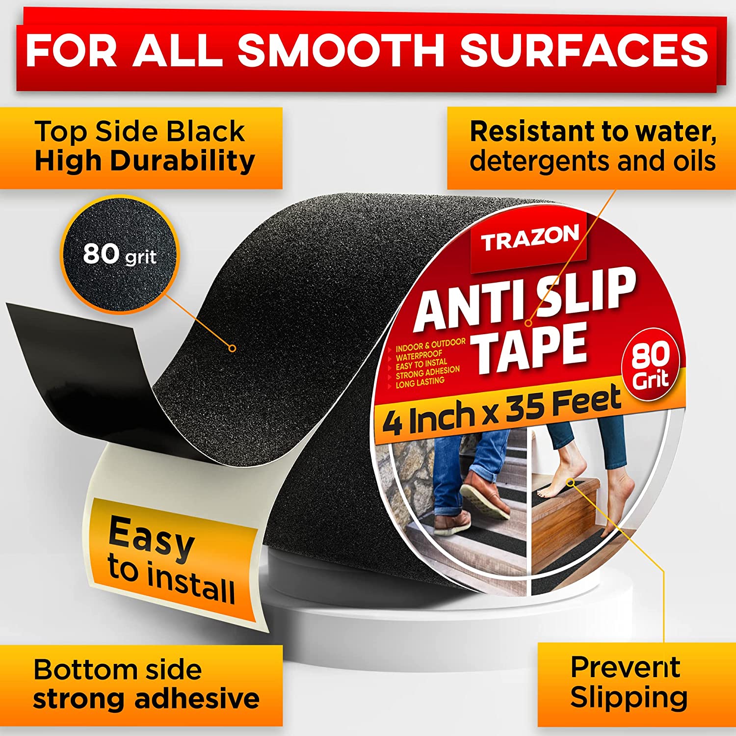Anti Slip Tape Gray | 4 Inch X 33 FT Roll | Grit 60 Heavy Duty | Waterproof & Durable | For Stairs, Decks, Ramps