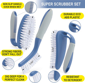 Scrub Brush Set of 3pcs - Cleaning Shover Scrubber with Ergonomic Handle and Durable Bristles - Grout Cleaner Brush - Scrub Brushes for Cleaning shower/bathroom/kitchen/tile/tub/carpet/floor(BLUE)