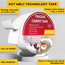 Load image into Gallery viewer, Trazon Carpet Tape Double Sided - Rug Tape Grippers for Hardwood Floors and Area Rugs - Carpet Binding Tape Strong Adhesive and Removable, Heavy Duty Stickers Tape, Residue Free (2 Inch / 30 Yards)