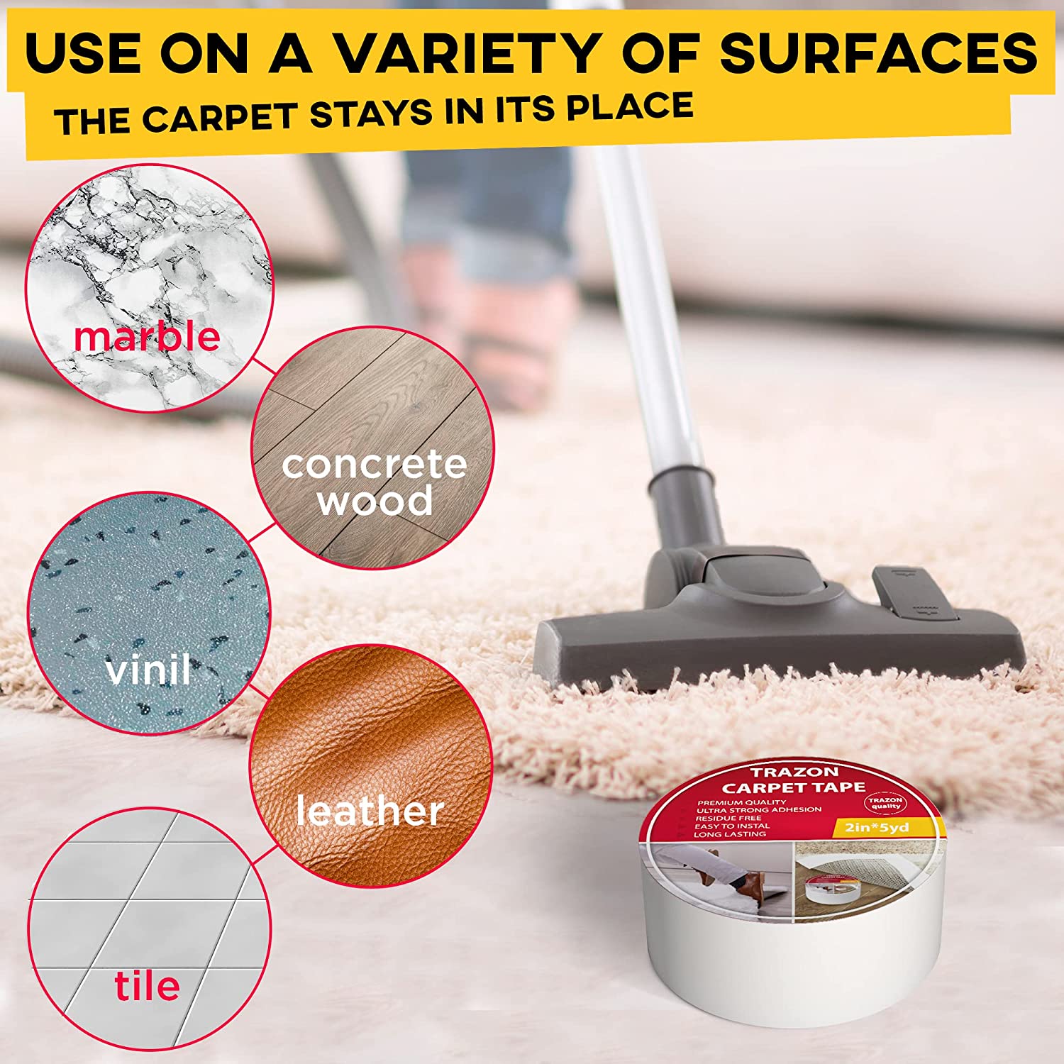 Double Sided Carpet Tape - Rug Grippers Tape for Area Rugs and Hardwood  Floors Safe - Carpet Binding Tape Removable, Residue Free, Strong Adhesive  and