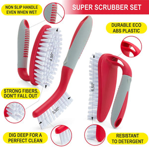 Scrub Brush Set of 3pcs - Cleaning Shower Scrubber with Ergonomic Handle and Durable Bristles - Grout Cleaner Brush - Scrub Brushes for Cleaning Bathroom/Shower/Tile/Kitchen/Floor/Bathtub/Carpet (Red)