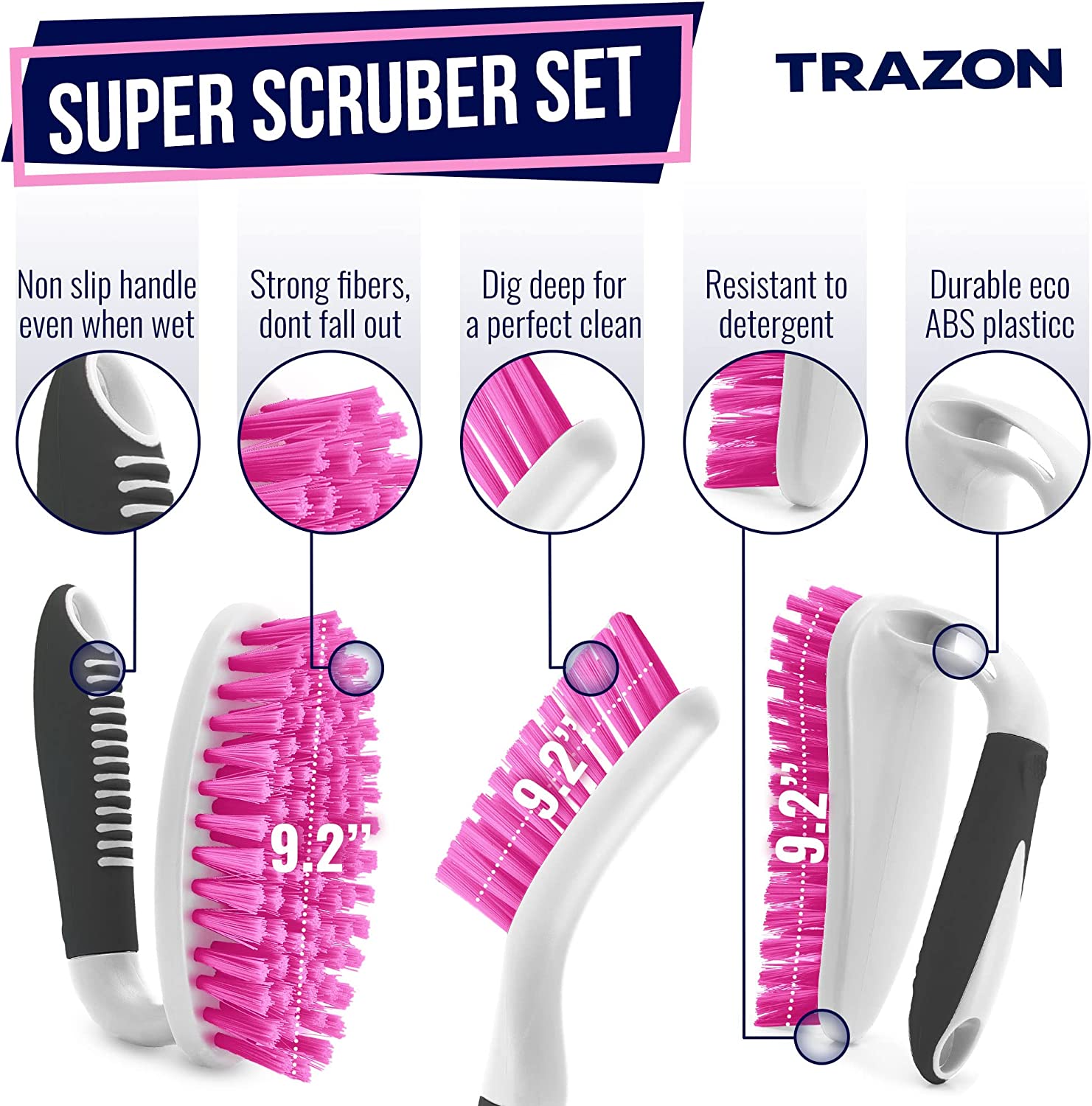 Trazon 3-Piece Scrub Brush Set - Red, Rubber Handle, Durable Bristles for  Cleaning Shower, Bathroom, Kitchen, Carpet, Floor, Siding, Pool
