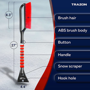27" Snow Brush and Ice Scraper for Car Windshield with a Foam for Cars, SUV, Trucks - Detachable Scraper - No Scratch - Heavy Duty Handle, Snow Broom, Remover, Easy Scraper (Red)