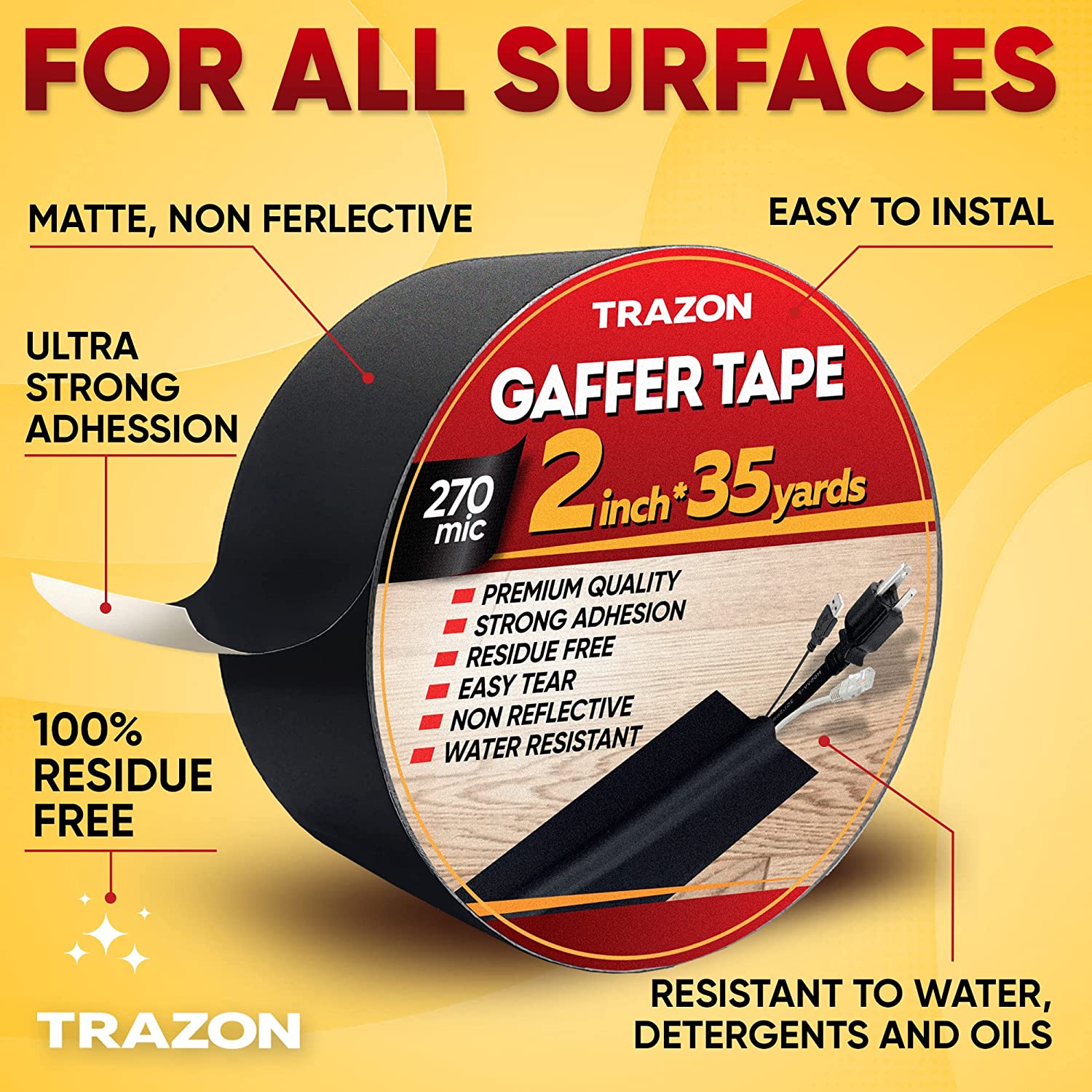 Gaffers Tape, Black Cloth Tape, Heavy-duty, Non-reflective, Water
