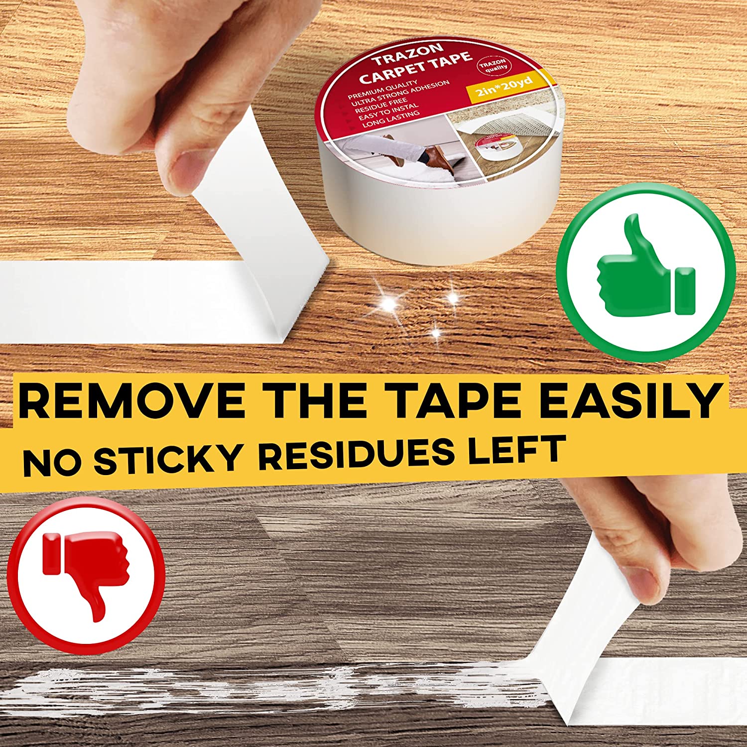 Trazon Carpet Tape Double Sided - Rug Tape Grippers for Hardwood