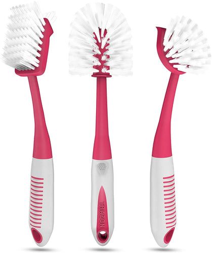 Dish Brush Set of 3 with Bottle Water Brush, Dish Scrub Brush and Scrubber Brush - Kitchen Scrub Brushes Ergonomic Non Slip Long Handle for Cleaning Cleaner Wash Sink Dishes Bottle Cup Glass Pot (Red)